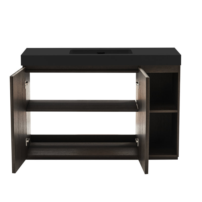 Meuble-lavabo en chêne fumé de 48 po avec lavabo en quartz noir, essentiel moderne, conception cannelée, poignées cachées, intérieur réglable, fixation murale à embout, charnières à fermeture en douceur, assemblage facile, personnalisable