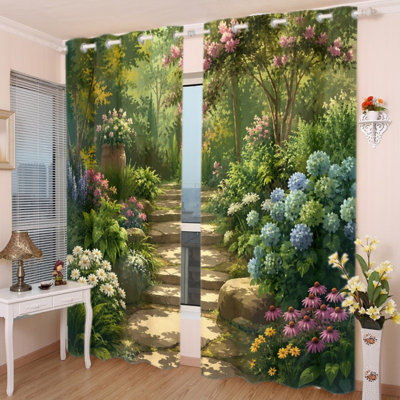2 PCS avec œillets, serein, sentier de jardin, imprimé floral, rideaux obscurcissant et isolant avec protection d'intimité