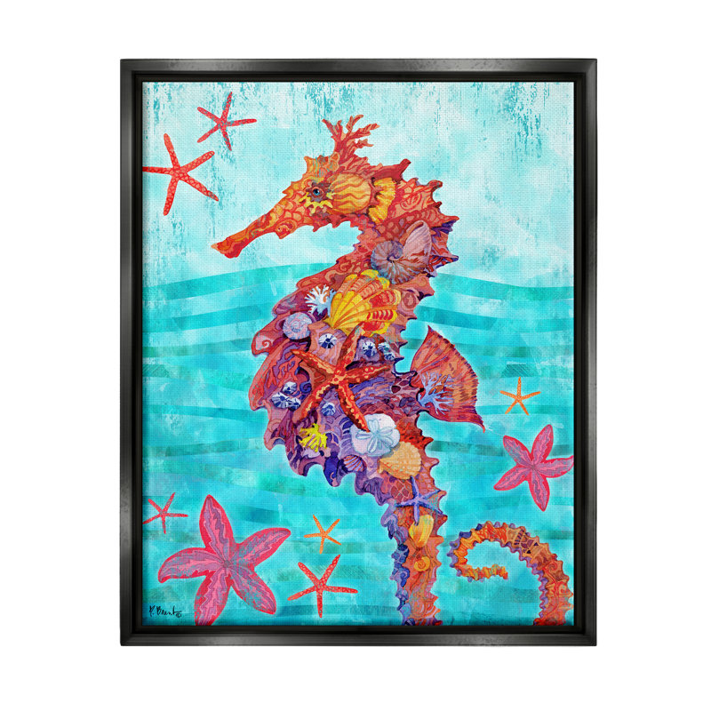 «Nassau Seahorse Aquatic Shell Collage» par Paul Brent - peinture sur toile, H 21 po x l 17 po x P 1,7 po