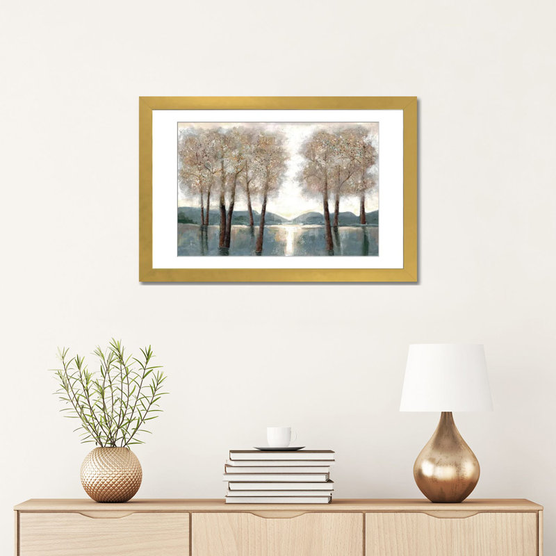 «Approche des bois encadrée sur papier» par Doris Charest, reproduction, H 16 po x l 24 po x P 1 po, Encadrement doré
