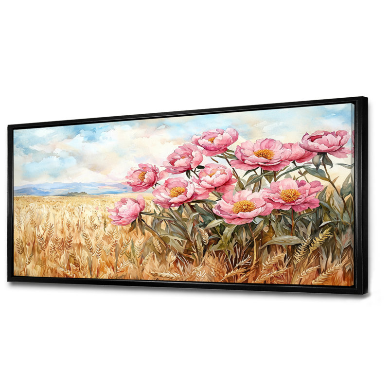 Inde pivoines dans le champ de blé I - pivoines, art mural, Noir, noir, noir, noir, H 28 po x l 60 po