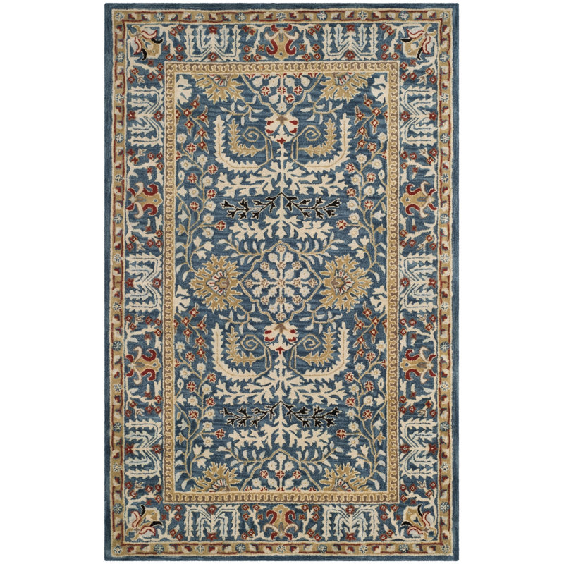 Armintha Oriental Wool Dark Blue Area Rug, Rectangle 6' x 9'