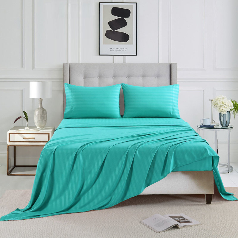 Ensemble de draps à rayures 3/4 pièces, Aqua, Ensemble de draps pour lit simple avec 1 taie d'or