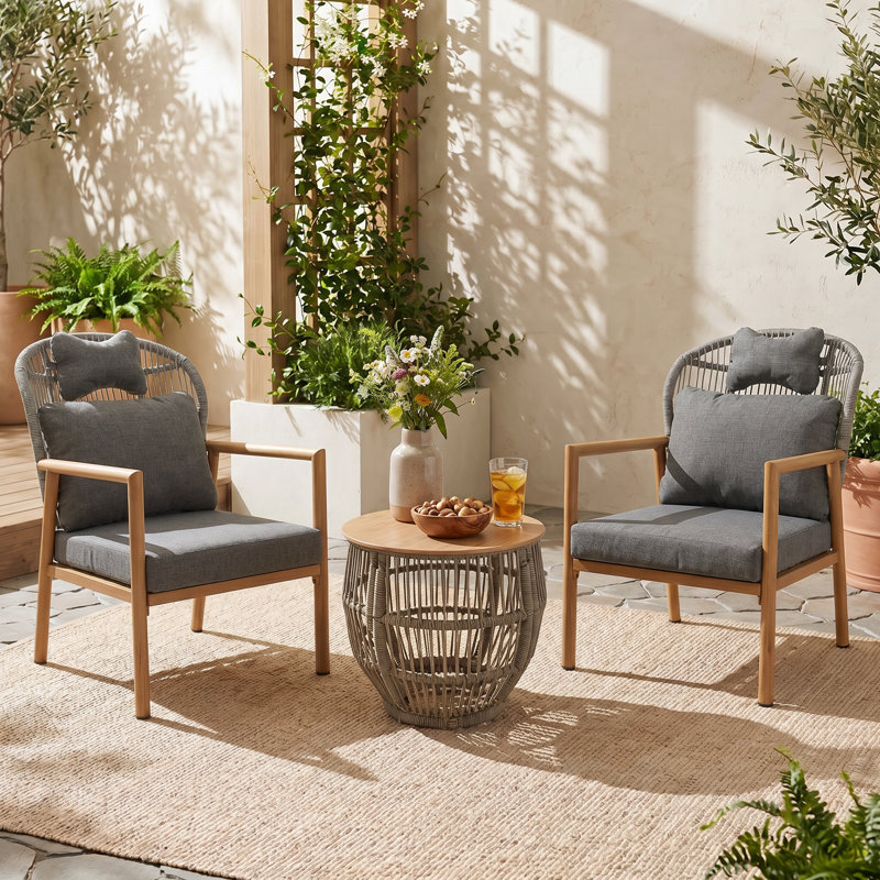 Ensemble de conversation de patio pour 2 personnes avec coussins, chaises d'extérieur en corde tissée avec table basse