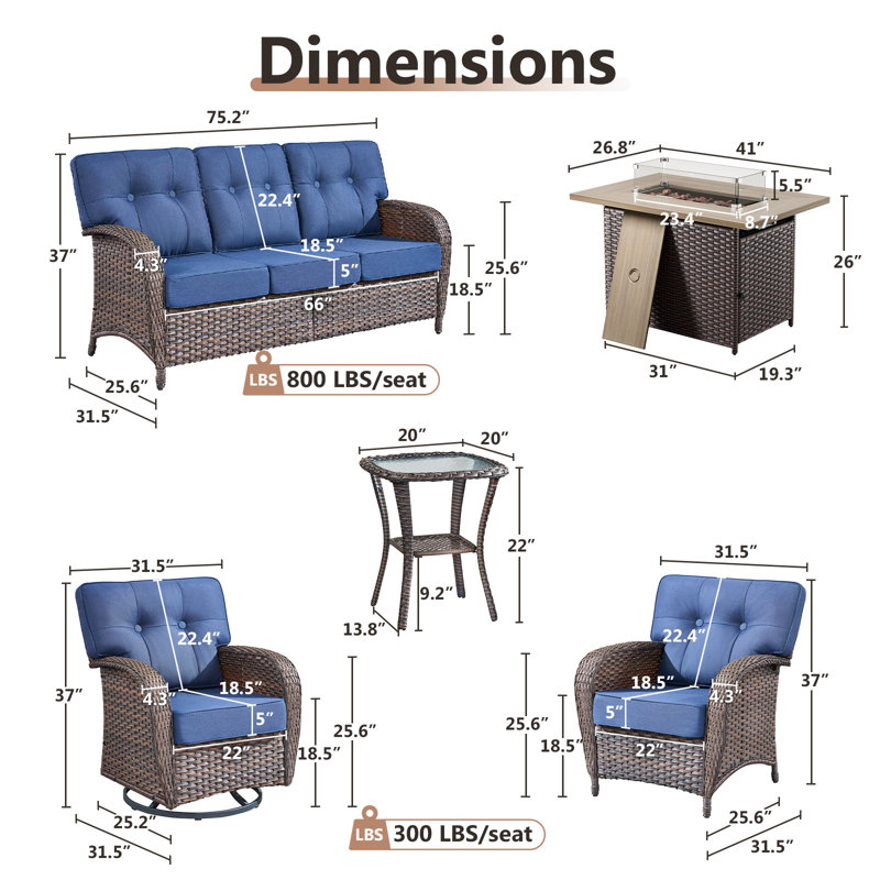 Ensemble de conversation pour l'extérieur avec coussins en T en osier pour 7 personnes Agnes, Bleu