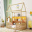 Lit simple avec lumière DEL, lit maison en bois avec bibliothèque de rangement, lit maison au sol avec garde-corps pour enfants, naturel
