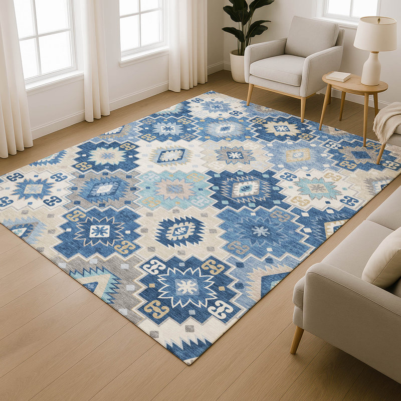 Premium Machine Washable Mayfield  Ethnic Rug, Blue, 10' x 14'