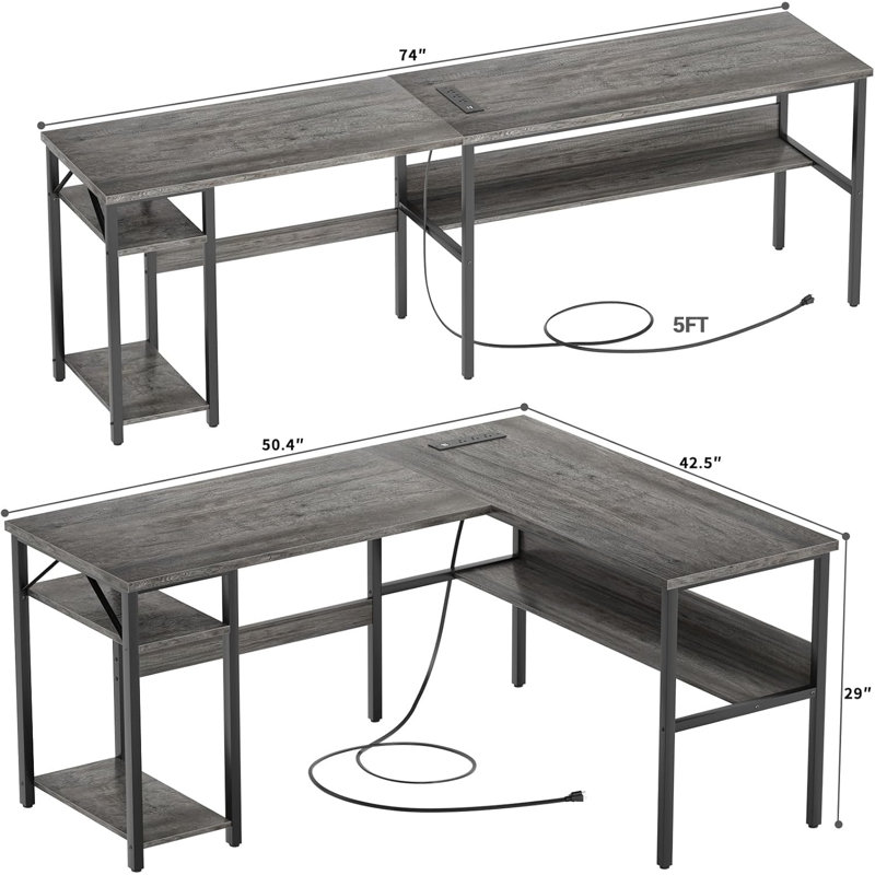Mishaal L-Shaped Metal Base Computer Desk with Power Outlet, Gray
