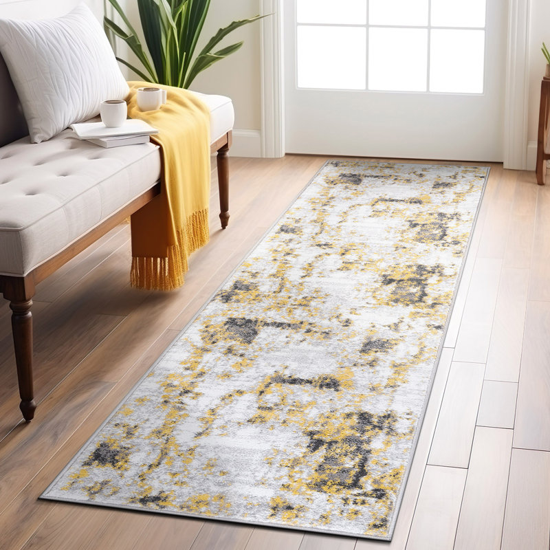 Tapis abstrait en polypropylène tissé à la machine Stelia gris / jaune / blanc, Tapis de couloir de 2 pi x 7 pi