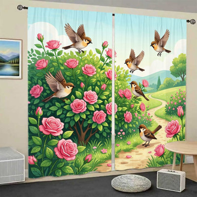 2 pièces de rideaux de scène de jardin d'oiseaux et de roses charmants, paysage de printemps vif avec des oiseaux qui volent, roses roses, rideaux de fenêtre passe-tringle filtrant la lumière pour le salon, la chambre et la décoration intérieure
