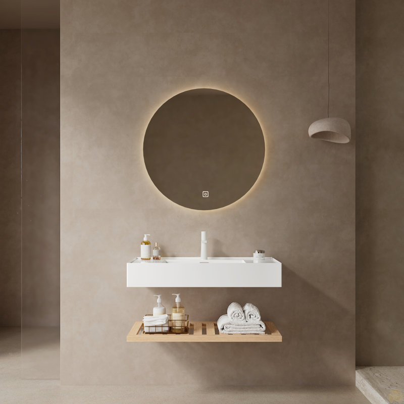 Meuble-lavabo de 36 po avec lavabo vasque, lavabo intégré mural rectangulaire en acrylique blanc flottant sans robinet, Brun