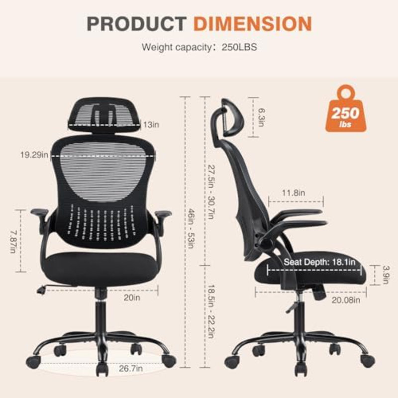 Home Office Managerial Executive Chair, High-Back Mesh With Adjustable Headrest, Flip-Up Armrest Comfortable Lumbar Support, Comfy Arms For Bedroom,Study,Student