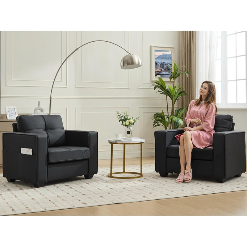 38” Wide Faux Leather Armchair(Set Of 2), Black