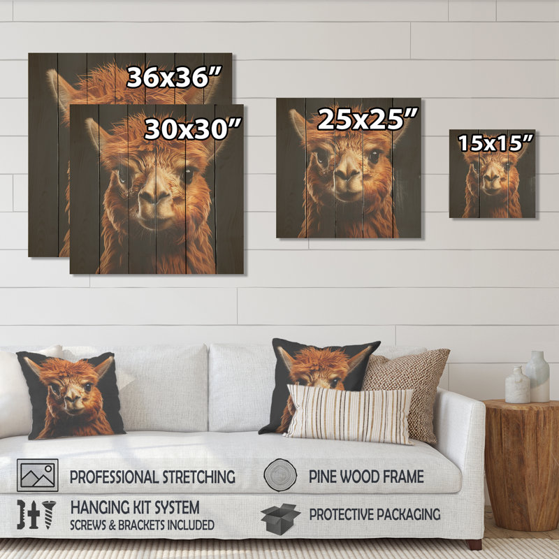 Serene Alpaca In Natural Elegance - Alpaca On Wood Print, 30" H x 30" W
