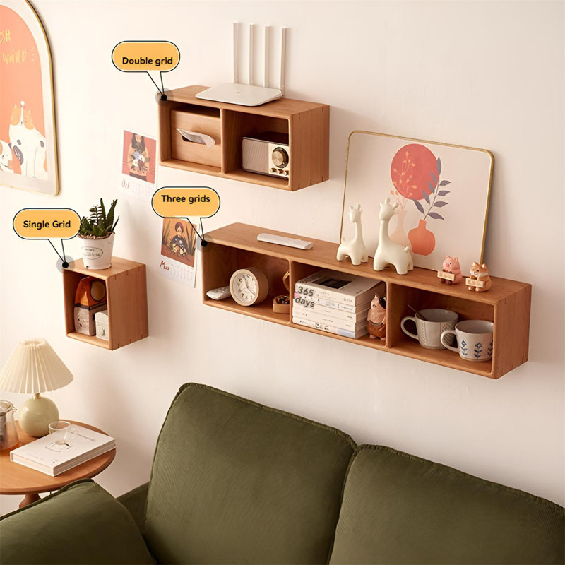 Tablette murale multi-grilles en bois de cerisier