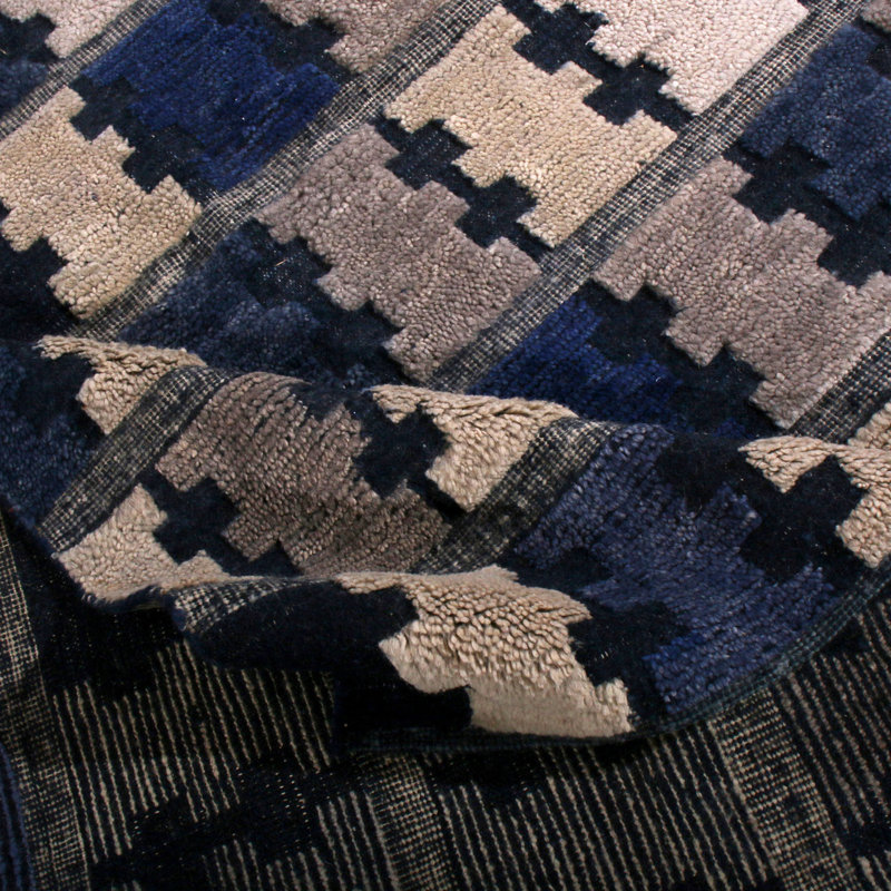 Rug & Kilim’S Scandinavian Geometric Silver Gray And Blue Wool Pile Rug, Rectangle 10' x 14'