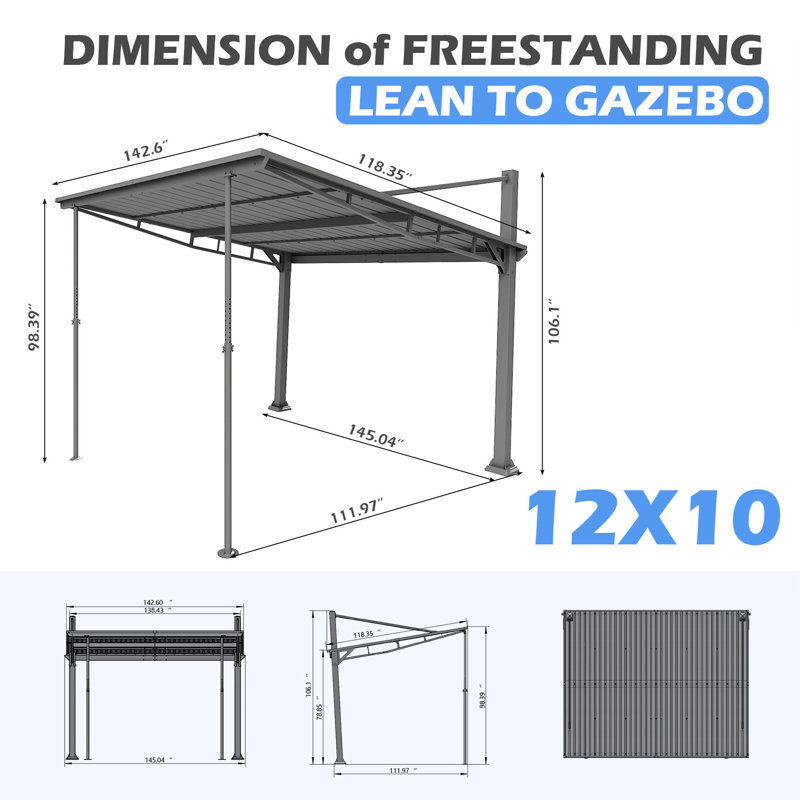Domi 12x10 FT Hardtop Gazebo, Freestanding or Wall Mounted Metal Pergola, 12 ft x 10 ft, Gray