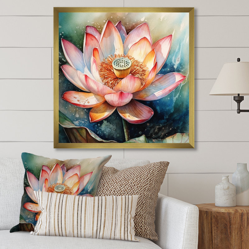 Lotus rose - Rêves floraux III - impression, H 16 po x l 16 po x P 1 po, Encadrement doré