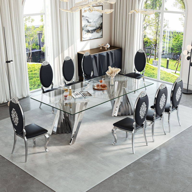 Modern Dining Room Sets,  94.49" Rectangular Tempered Glass Dining Table With Stainless Steel Dining Chairs, Gold, White/Gold