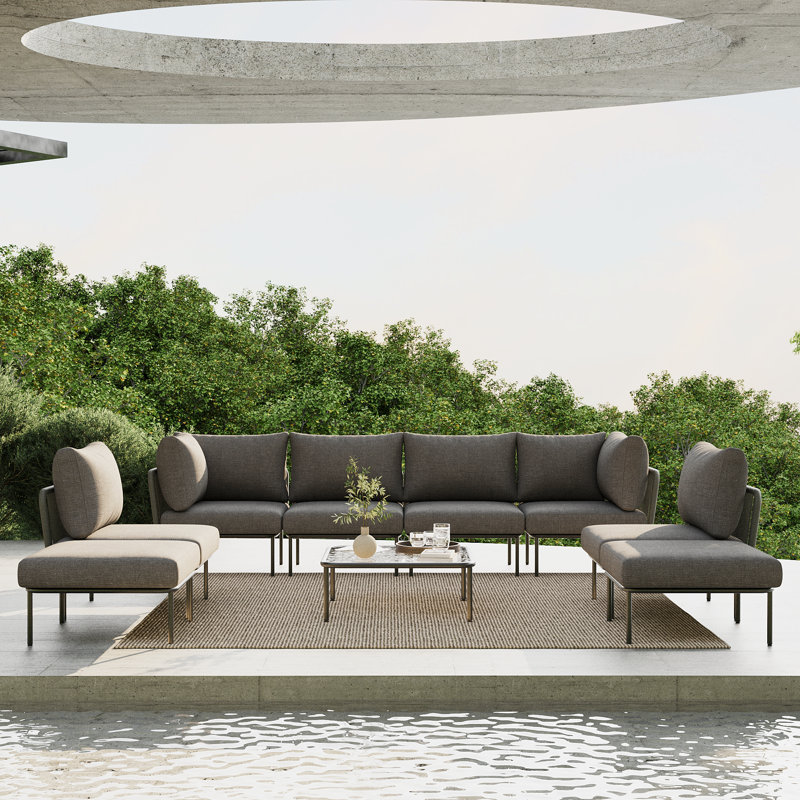 Latitude Run® 9 Pieces Aluminum Patio Furniture Set, Modern Modular Sectional Sofa with Coffee Table and Upgrade Thickness Cushion