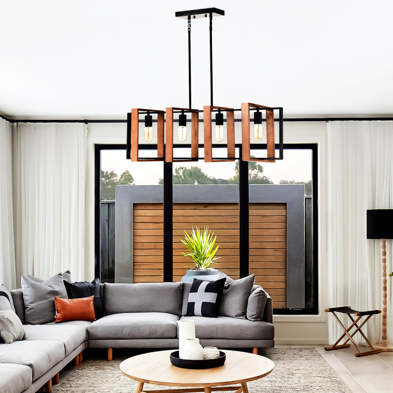 Modern Style 4- Kitchen Island Lights, Rustic Wood And Black Metal With Adjustable Rods For Dining Room, Living Conference Home Office & Rectangular Large