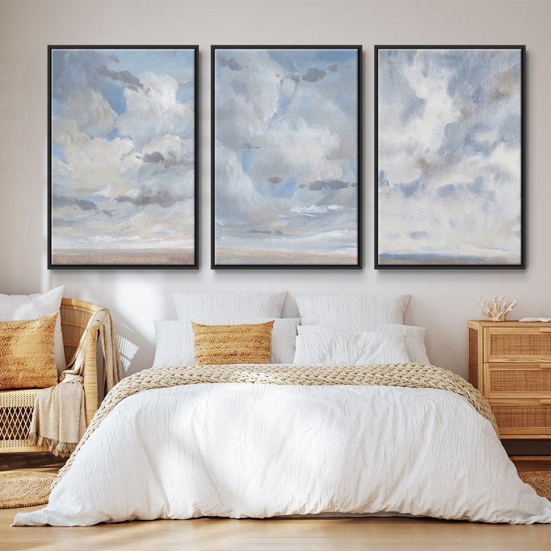 Bleu ciel I, ensemble de 3 toiles encadrées, H 36 po x l 72 po, Noir