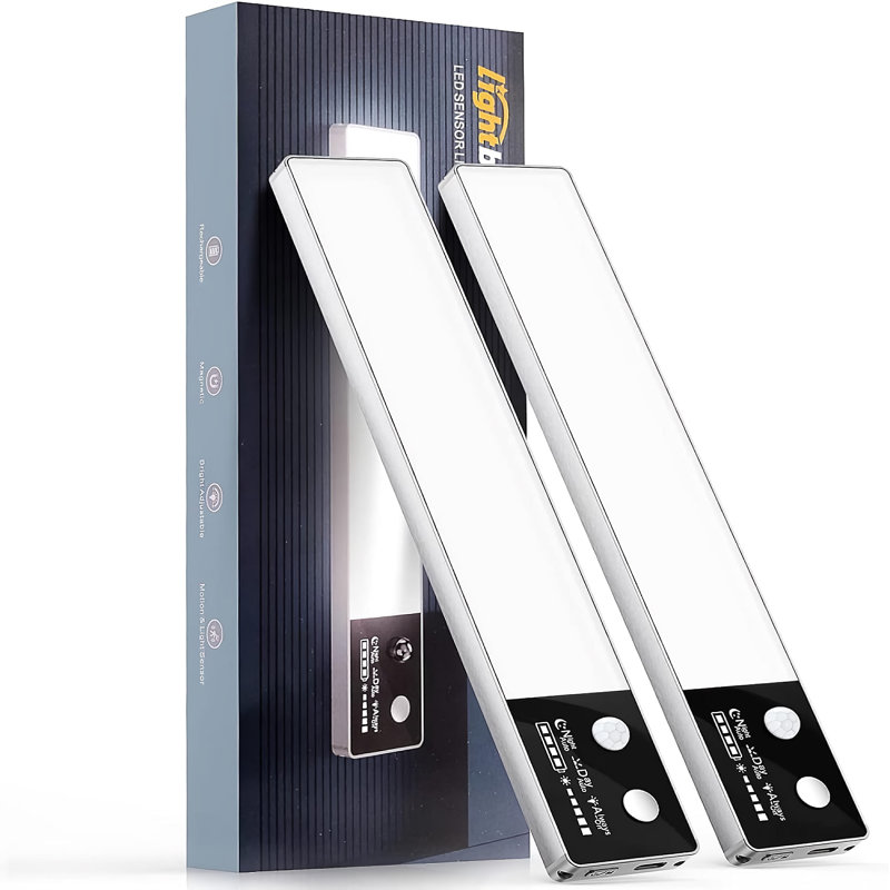Ensemble de 2 luminaires de garde-robe à détecteur de mouvement à DEL, sous-armoire sans fil avec écran ACL, 3 modes, USB rechargeable pour la maison, garde-robe, placard, armoire - C400