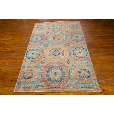 Tapis en laine noué à la main à motif géométrique ton de terre (3 pi 3 po x 5 pi)
