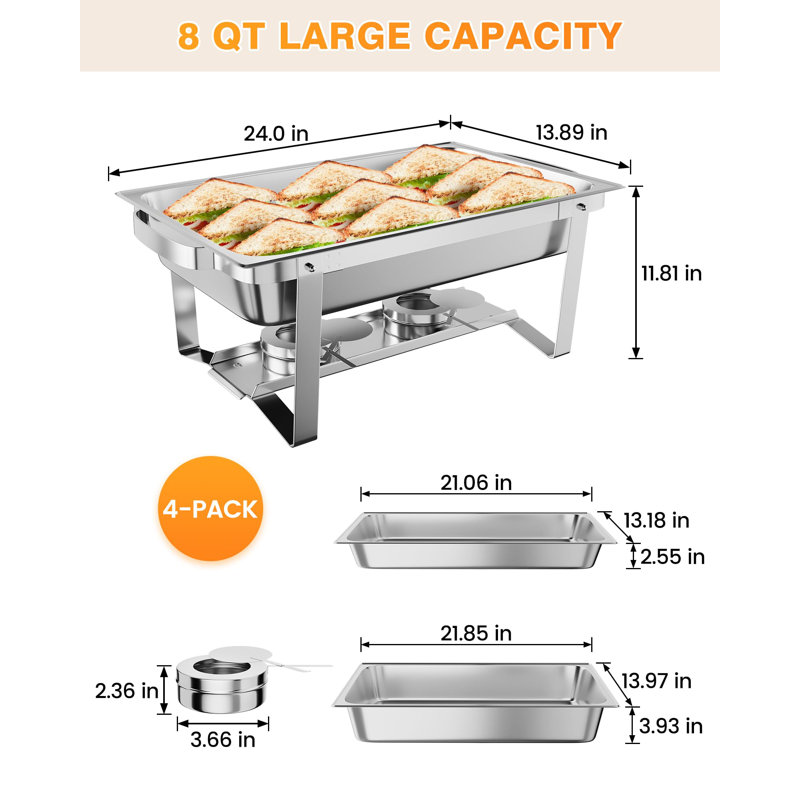 Professional Buffet Food Warmer Set - 4 Pack 8QT Rectangular Stainless Steel Chafing Dishes with Lid Holders - Portable Chafer Servers for Kitchen, Parties, Banquets, Catering Events