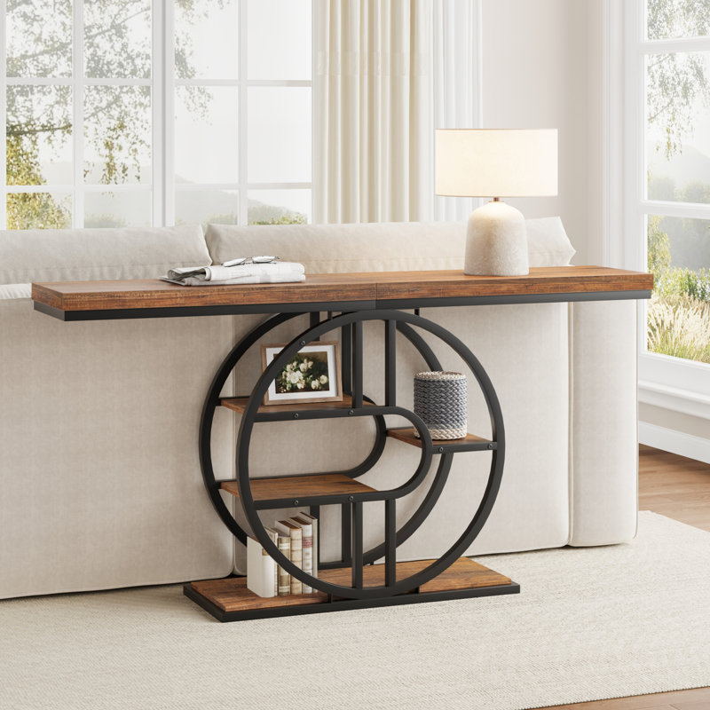 Console industrielle 55 po | Canapé d'entrée à 5 niveaux avec tablettes de rangement circulaires et structure en métal en forme de O