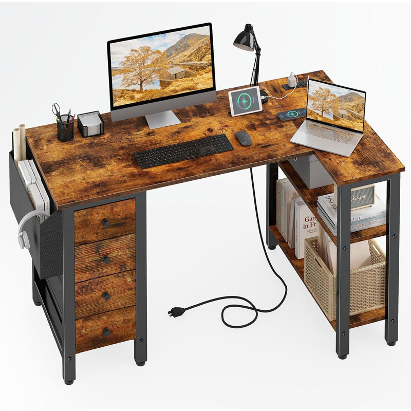 Built-in Outlets L-Shaped Computer Desk with Drawers & Storage Shelves, Brown/Black, 29.5" H x 47.2" W x 26.8" D
