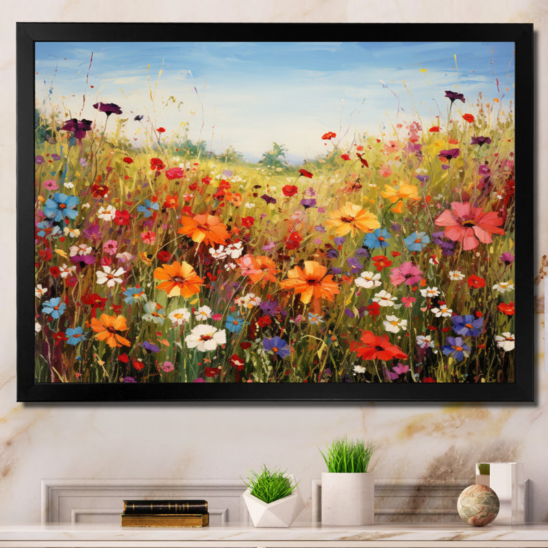 Colorful Wildflowers Meadow Blooms I Canvas Painting Print, 12" H x 20" W, Framed Print, Black