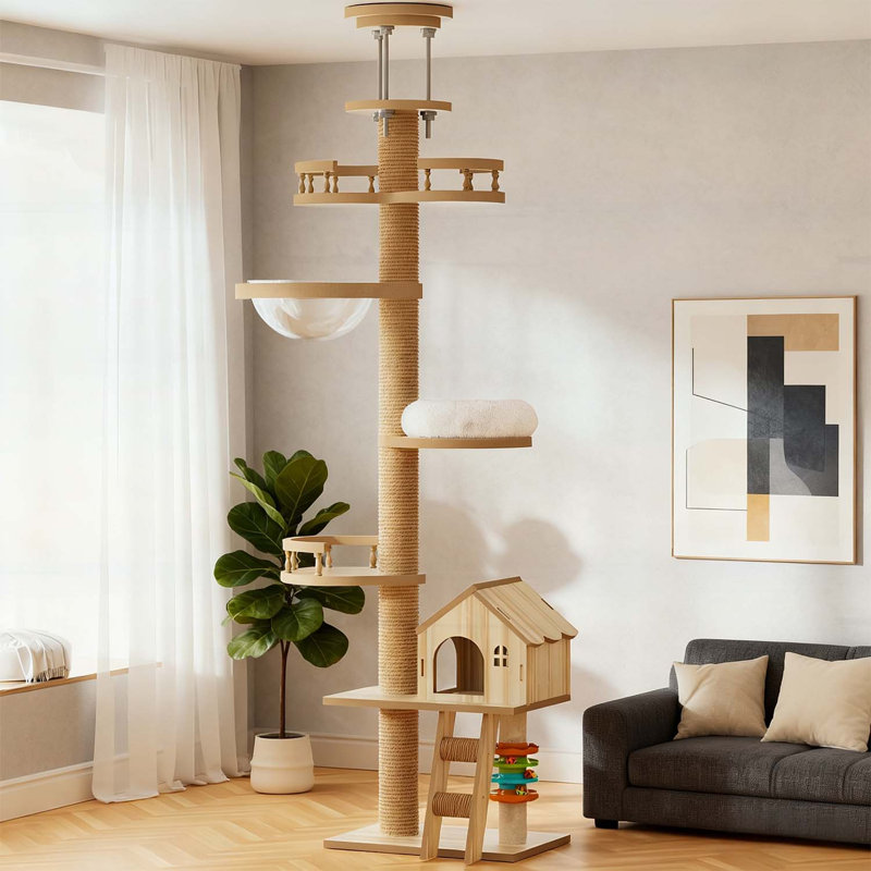 Arbre à chat du sol au plafond, tour à chat à hauteur réglable avec poteau à griffer, grand lit en bois et hamac, centre d'activités pour chats moderne