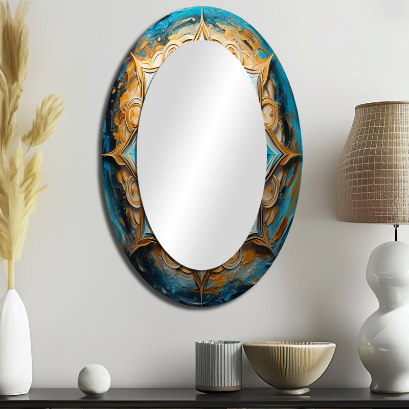 Mandala divin en miroir rétro doré et turquoise I - Bohème, 36 po x 24 po