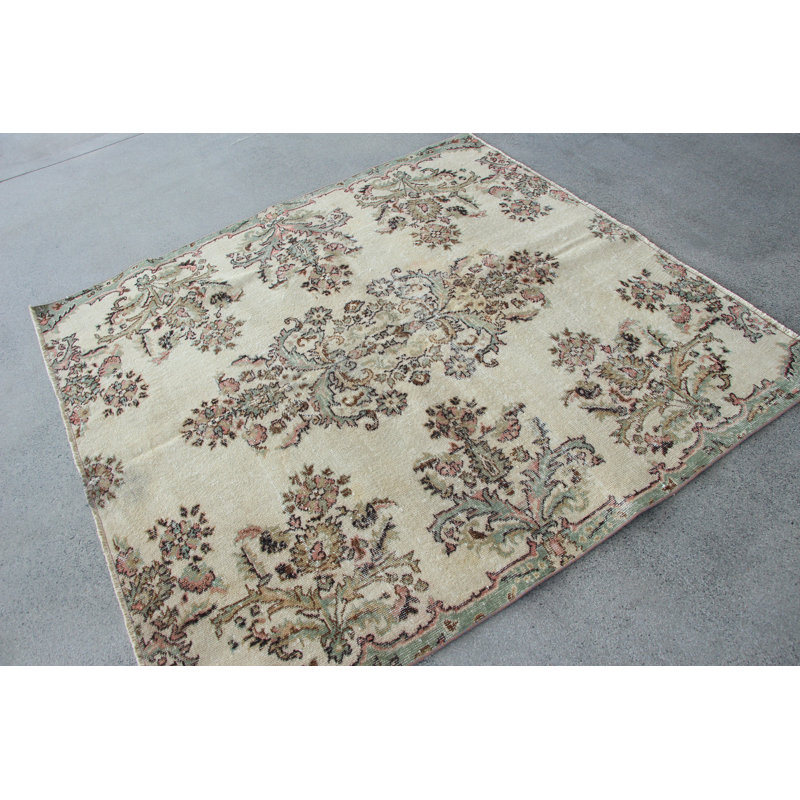 Tapis turc beige à motif floral Oushak idéal pour les espaces de salle à manger et une idée cadeau parfaite pour lui