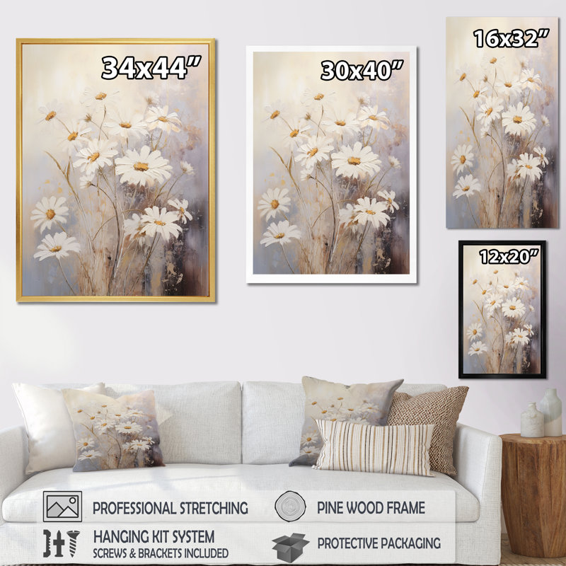 «White Daisy Fields Elegance IV», reproduction sur toile, H 20 po x l 12 po x P 1 po, Cadre doré simple