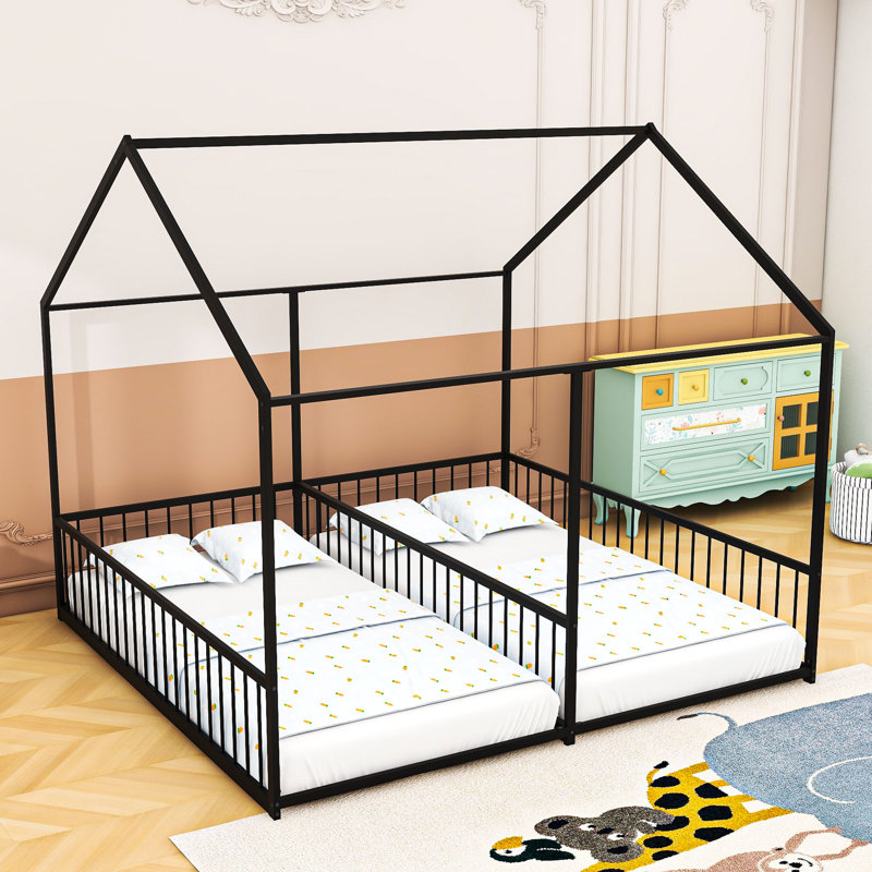 Twin-Sized Metal House Platform Bed With Dual Bed Design And Safety Guardrails, Black