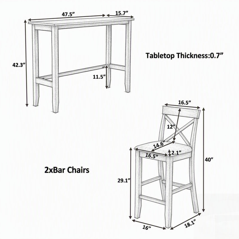 Farmhouse Rectangular Wood Bar Height Dining Set with 2 Chairs for Compact Spaces
