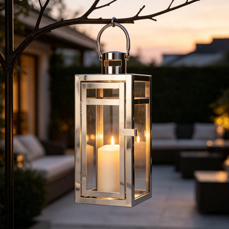 30Cm Stainless Steel Candle Lantern, Silver