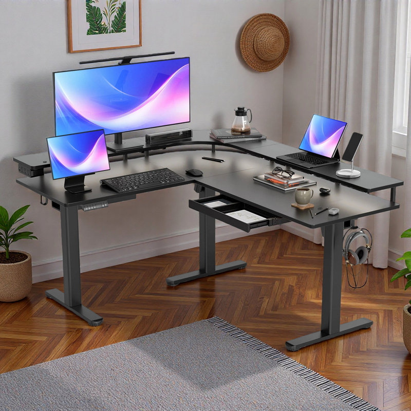 Bureau debout en L de 63 po avec tiroirs, prise de courant et lumières DEL réglables en hauteur, Noir