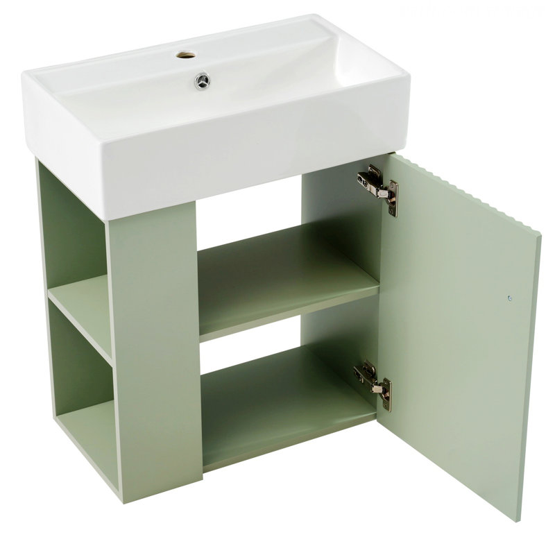 Meuble-lavabo flottant de style moderne avec lavabo en céramique et rangement à gauche, Vert