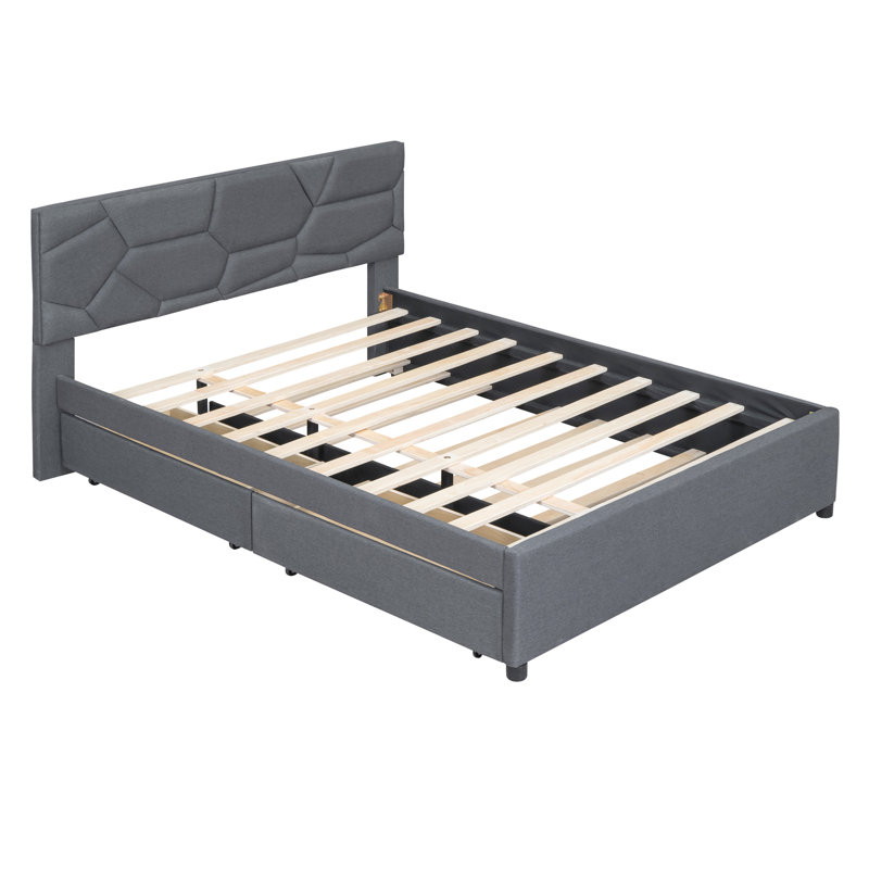 Size Upholstered Platform Bed With Brick Pattern Headboard, With XL Size Trundle And 2 Drawers, Linen Fabric,, Grey