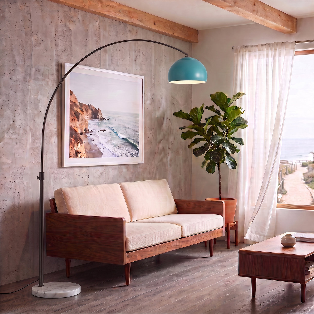 Half Dome 92" Arc Lamp - White Marble Base, Half-Dome Shade, Dimmable, Bulb Included, Half- Dome  Pool Blue