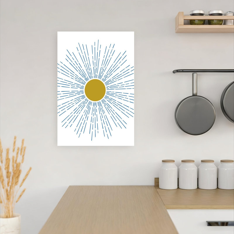 Affiche murale abstraite géométrique minimaliste représentant un soleil doré et un paysage de mousse, inspirée de la nature