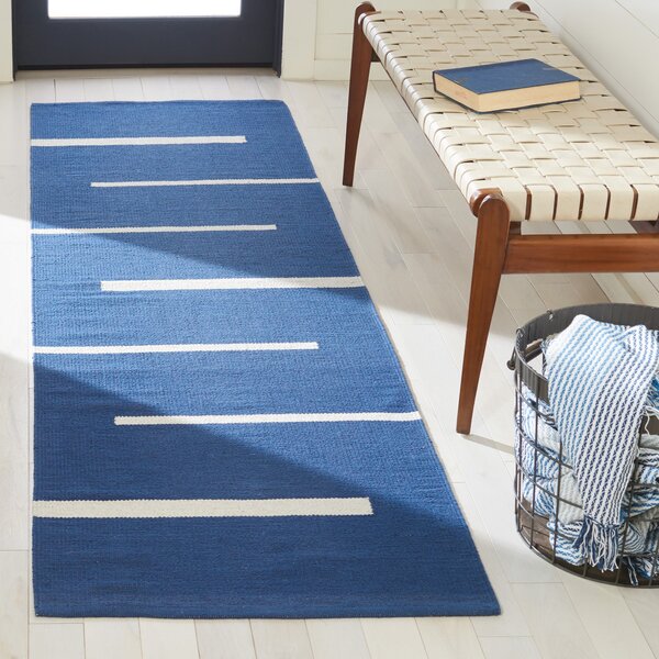 Handmade Woven Cotton Bedroom Rug Blue Striped Runner 3x5 
