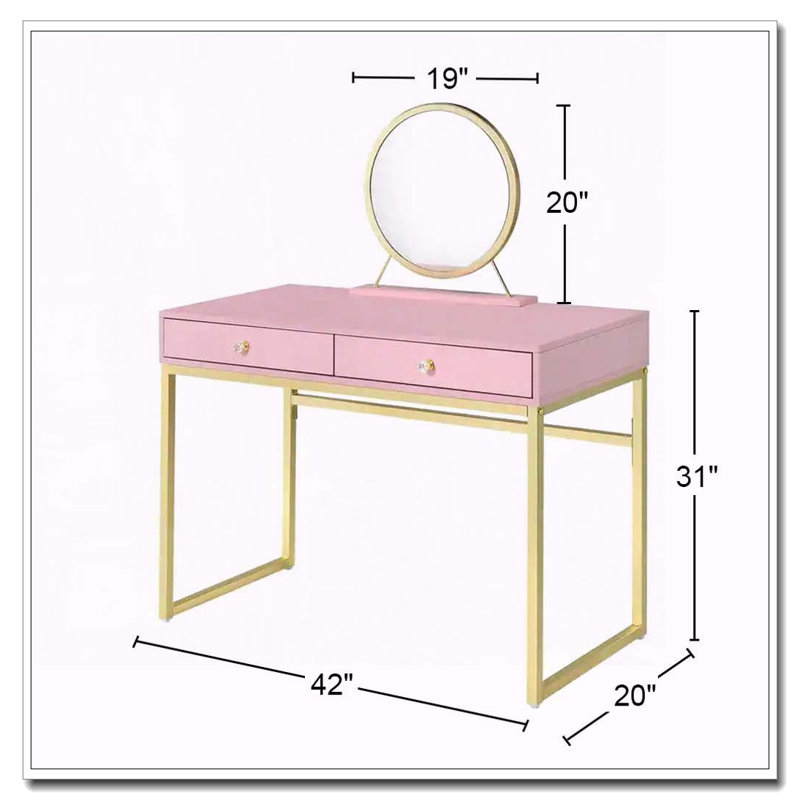 Bureau de coiffeuse 2 tiroirs avec miroir et plateau à bijoux, rose et or