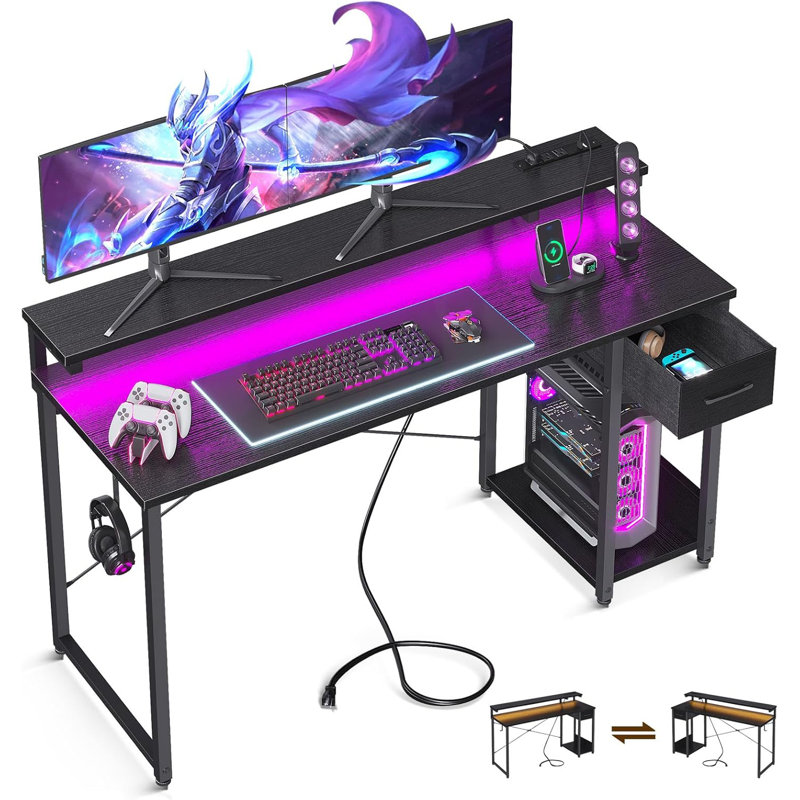 Gaming Desk with LED Lights & Power Outlet, 48 Inch Computer Desk with Drawer, Reversible Desk with Adjustable Monitor Shelf & Headphone Hook for Home Office, Black
