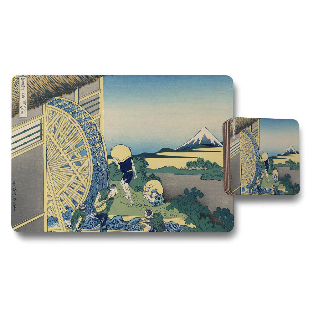 Placemat And Coaster Set With Japanese Ukiyo E Scenic Print Mount Fuji