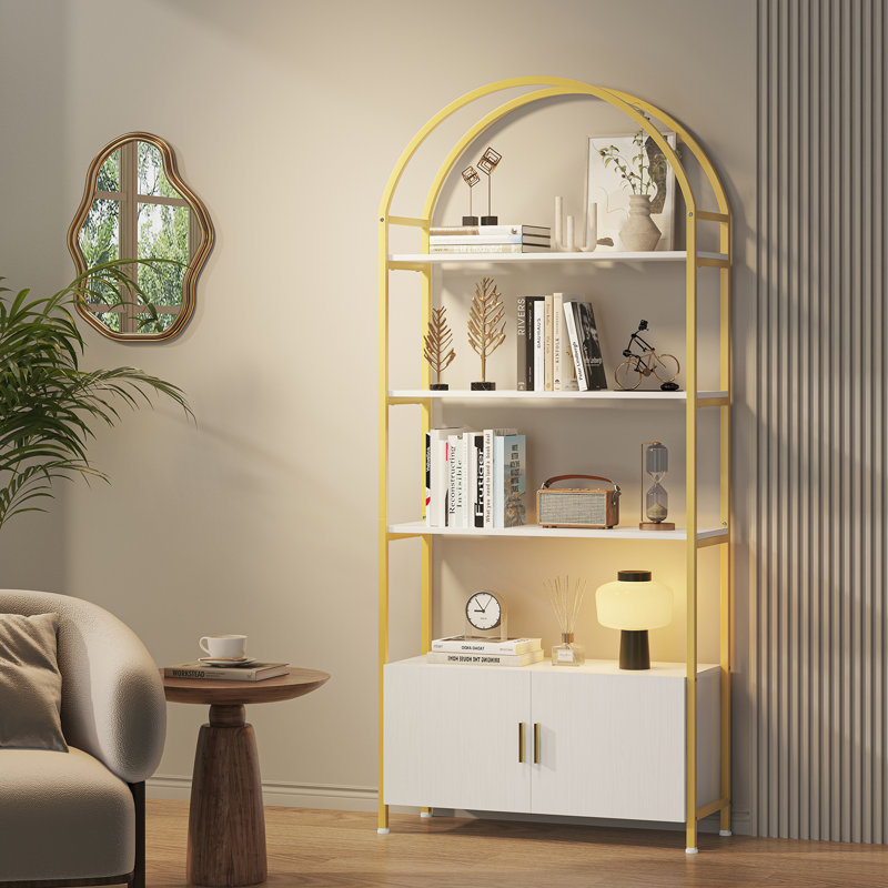 Arched Book Shelf, Bookcase With Doors Storage, 180cm Tall Bookshelf With Sturdy Metal Frame, E1 Quality Boards, Freestanding Display Shelving Unit Living Room