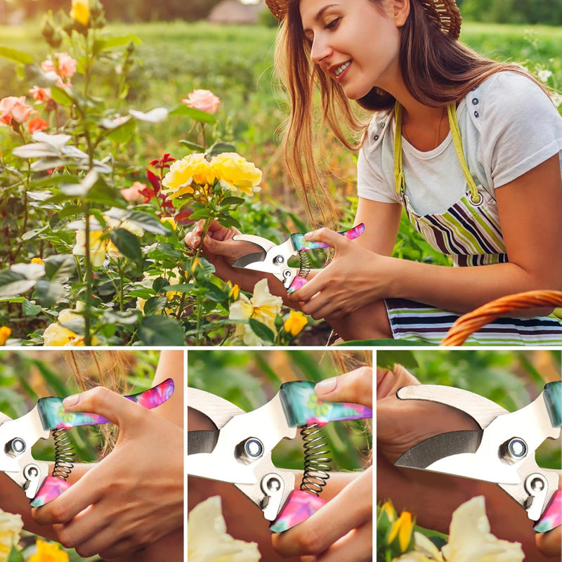 Outils de jardinage avec imprimé floral mauve
